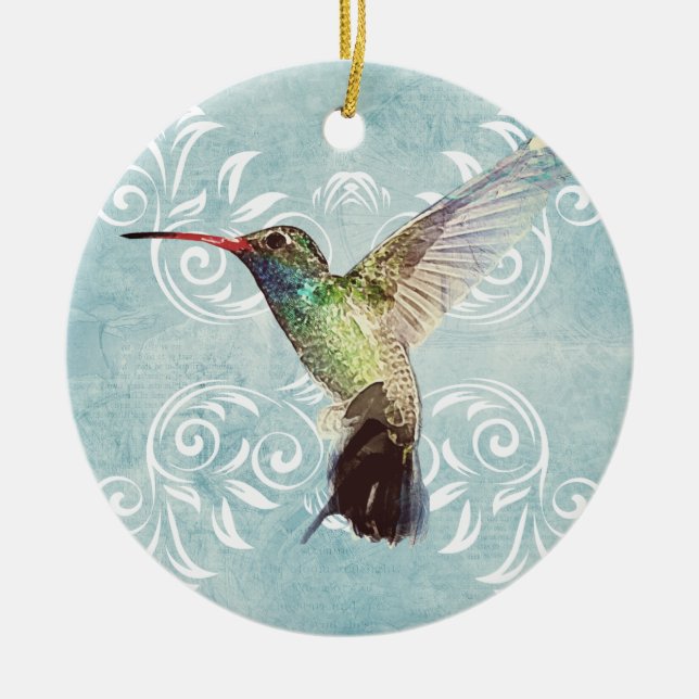 Hummingbird with Flourish Background Ceramic Tree Decoration (Front)