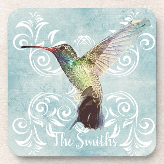 Hummingbird with Flourish Background Coaster (Front)