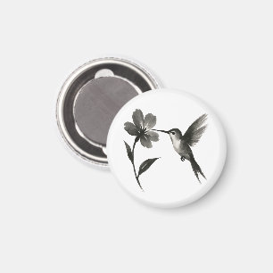 Hummingbird with Flower – Ink Brush Design on Magnet