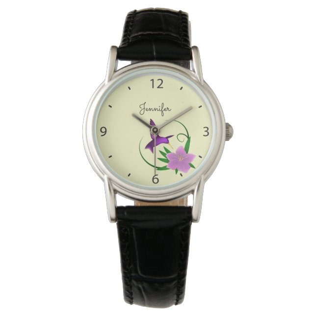Hummingbird with pink flower name watch (Front)