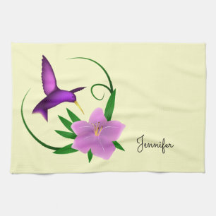 Hummingbird with pink flower tea towel