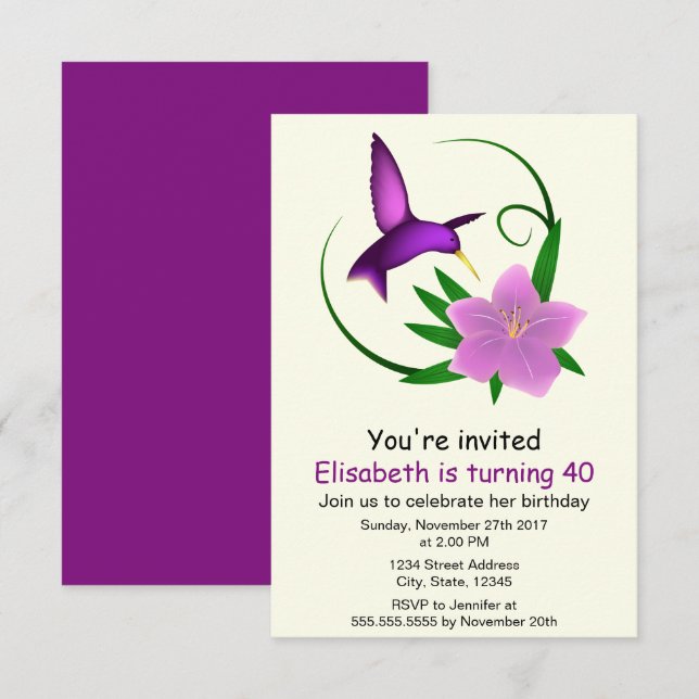 Hummingbird with pink flower woman birthday party invitation (Front/Back)