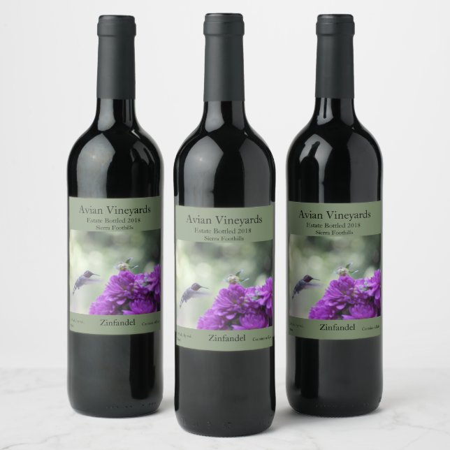 Hummingbird with purple dahlias wine label (Bottles)