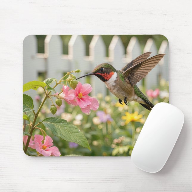 Hummingbird with Touch-me not Flowers Mouse Mat (With Mouse)