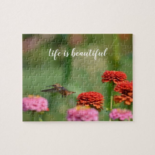 Hummingbird Zinnia Flowers Jigsaw Puzzle (Horizontal)