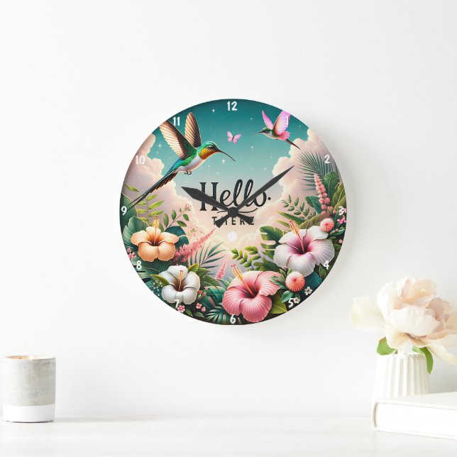 Hummingbirds Among Tropical Flowers Hello There Large Clock (Home)