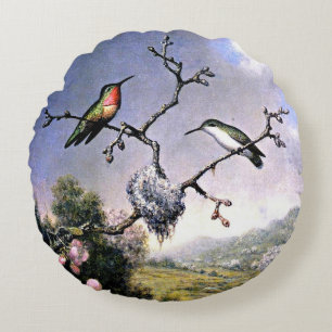 Hummingbirds and Apple Blossoms Round Cushion