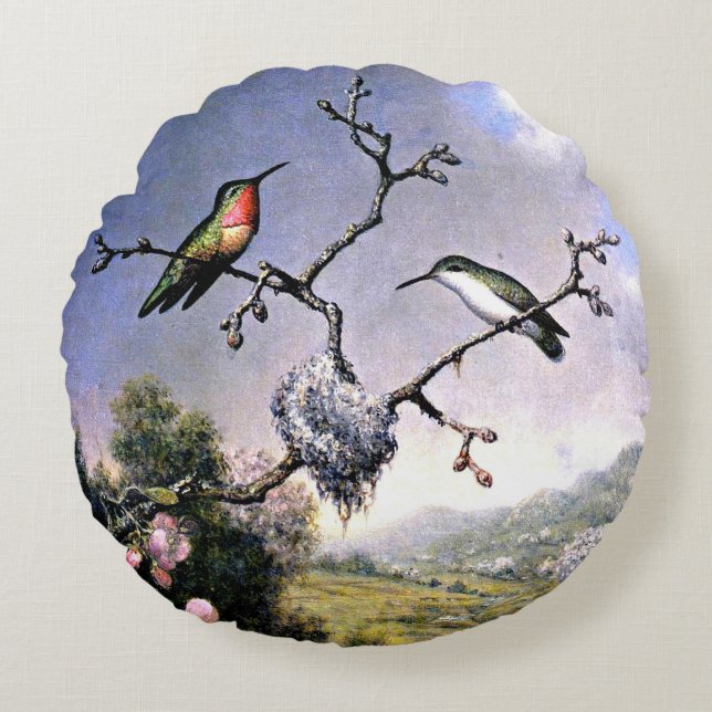 Hummingbirds and Apple Blossoms Round Cushion (Front)