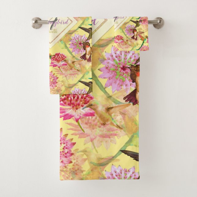 Hummingbirds and Astrantia Monogram Watercolor Bath Towel Set (Insitu)