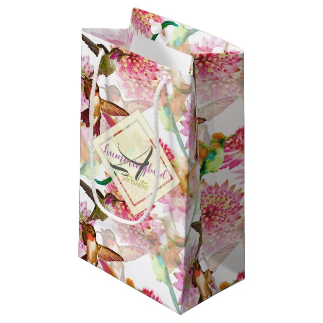 Hummingbirds and Astrantia Monogram Watercolor Small Gift Bag (Front Angled)