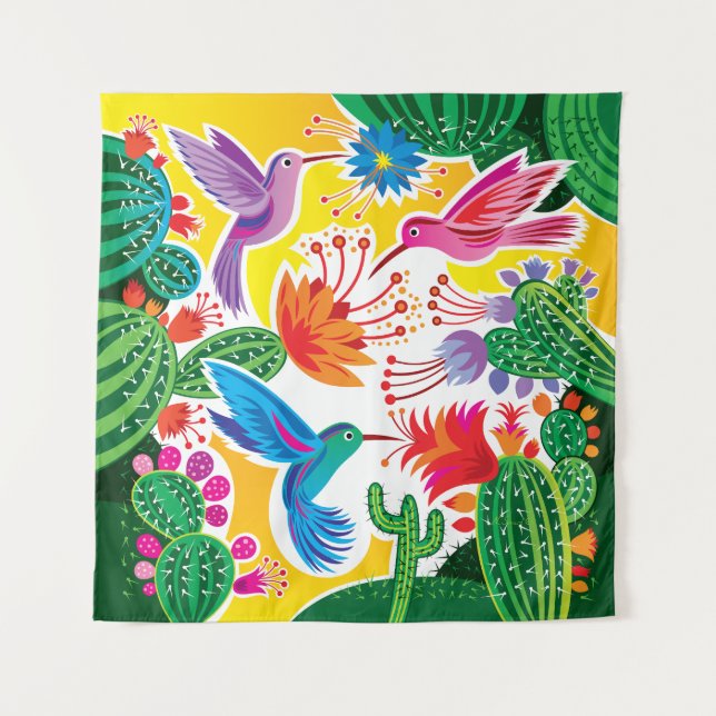 Hummingbirds and Blooming Cacti Tapestry (Front)