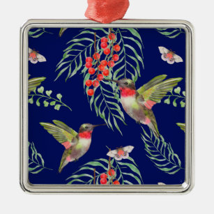 Hummingbirds and Butterflies Blue Tropical Pattern Metal Tree Decoration