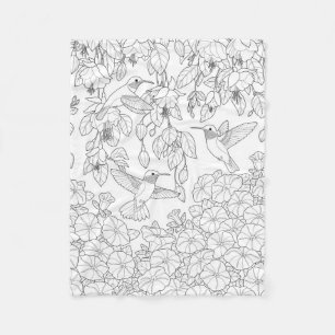Hummingbirds and Flowers Adult Colouring Page Fleece Blanket
