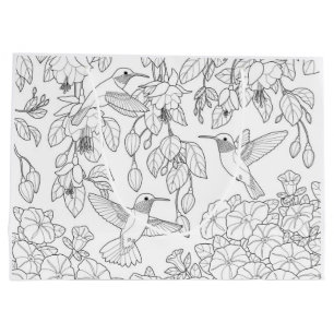 Hummingbirds and Flowers Adult Colouring Page Large Gift Bag
