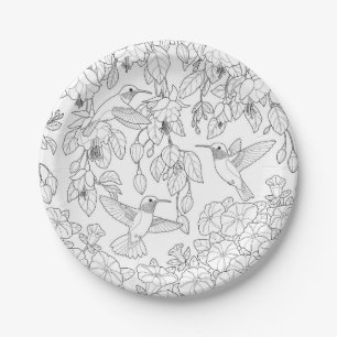 Hummingbirds and Flowers Adult Colouring Page Paper Plate