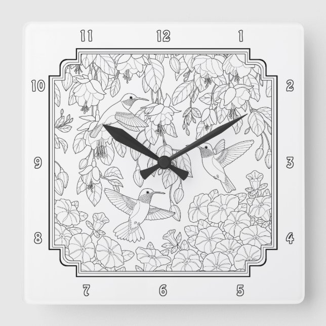 Hummingbirds and Flowers Adult Colouring Page Square Wall Clock (Front)