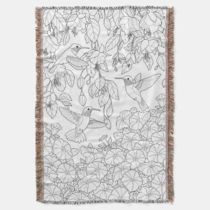 Hummingbirds and Flowers Adult Colouring Page Throw Blanket