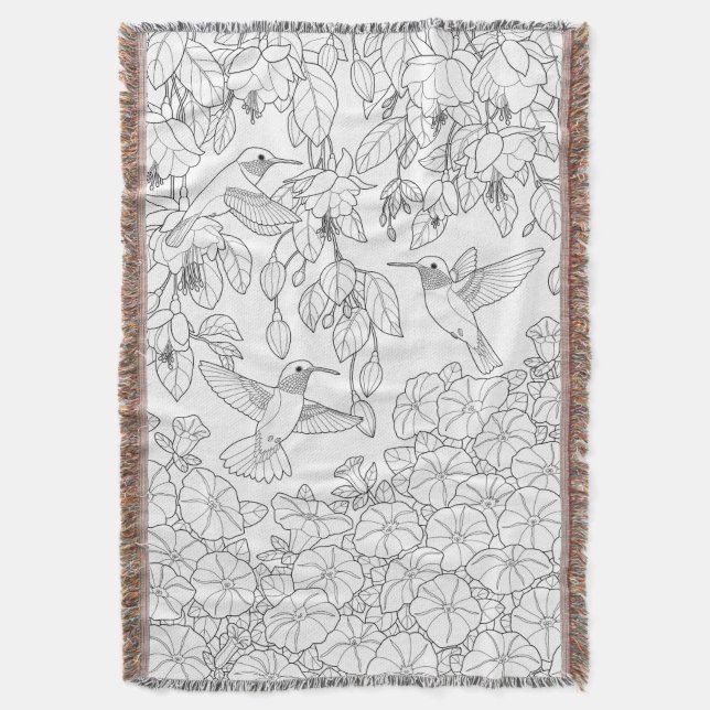 Hummingbirds and Flowers Adult Colouring Page Throw Blanket (Front Vertical)