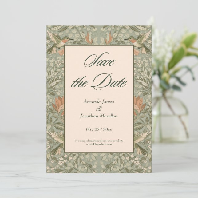Hummingbirds and Flowers Art Nouveau Save the Date Invitation (Standing Front)