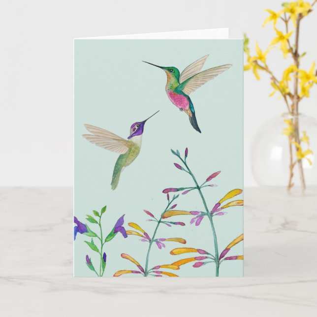 Hummingbirds and Flowers Card (Yellow Flower)