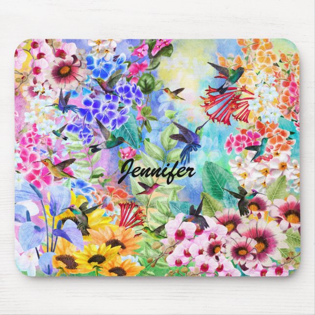 Hummingbirds and Flowers Monogram Mouse Mat (Front)