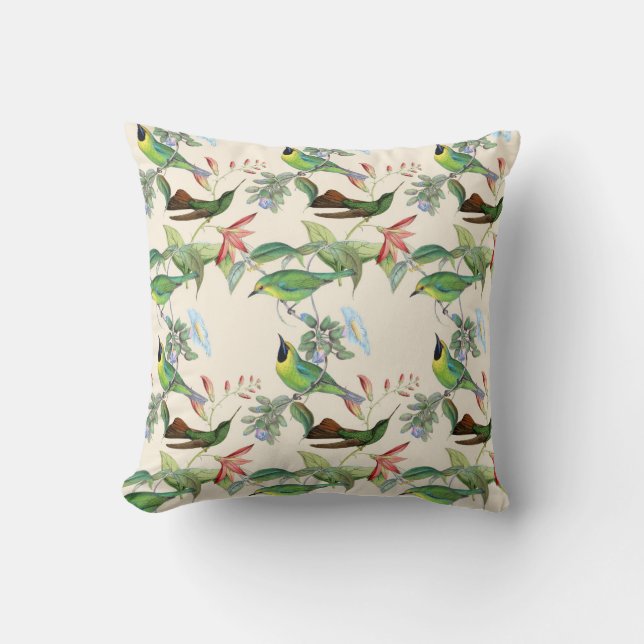 Hummingbirds and Flowers on Light Cream Cushion (Front)