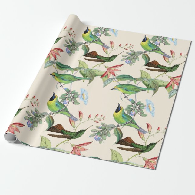 Hummingbirds and Flowers on Light Cream Wrapping Paper (Unrolled)