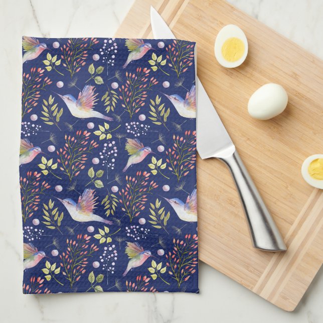 Hummingbirds and Flowers Pattern Custom Background Tea Towel (Quarter Fold)