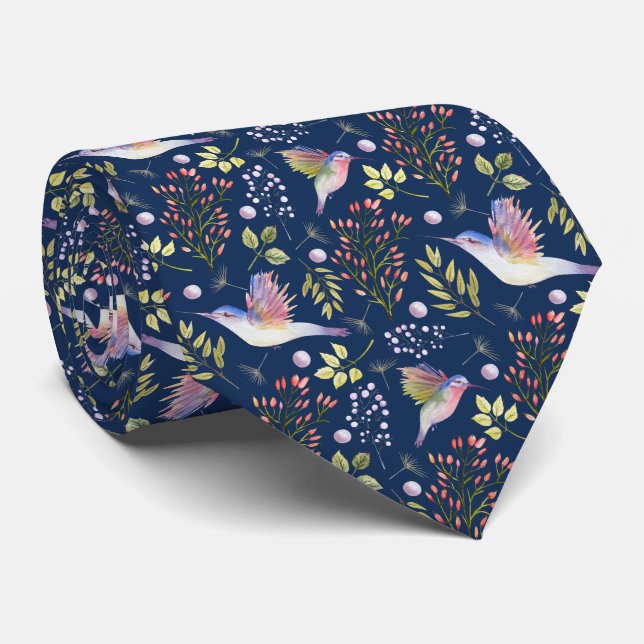 Hummingbirds and Flowers Pattern Custom Background Tie (Rolled)