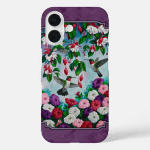 Hummingbirds and Flowers Purple iPhone 16 Case