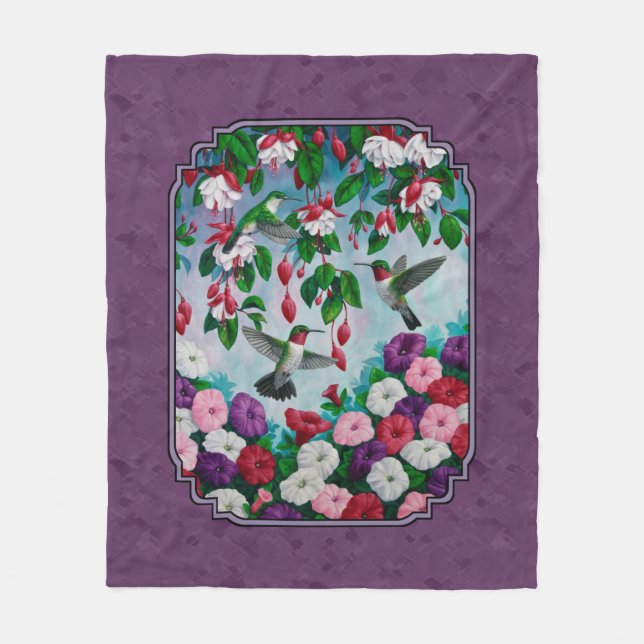 Hummingbirds and Flowers Purple Fleece Blanket (Front)