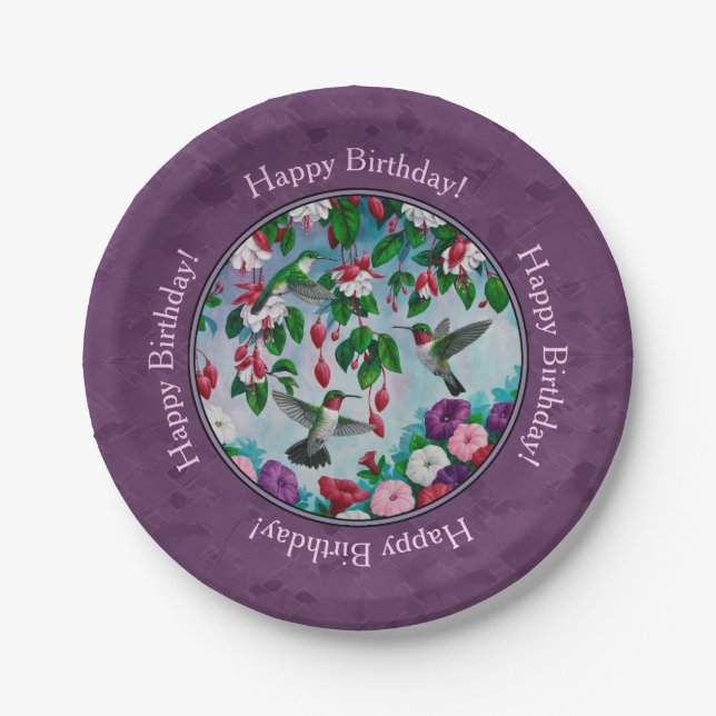 Hummingbirds and Flowers Purple Paper Plate (Front)