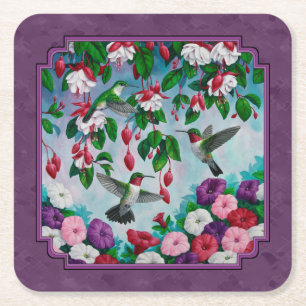 Hummingbirds and Flowers Purple Square Paper Coaster