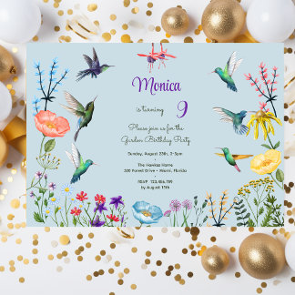 Hummingbirds and Flowery garden birthday party Invitation