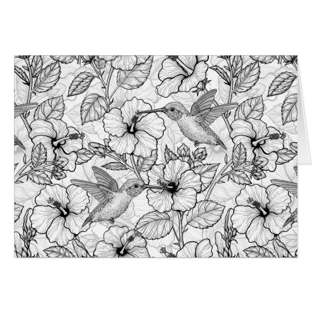 Hummingbirds and hibiscus flowers b&w (Front Horizontal)