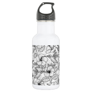 Hummingbirds and hibiscus flowers b&w 532 ml water bottle