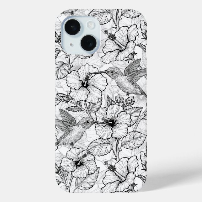 Hummingbirds and hibiscus flowers b&w Case-Mate iPhone case (Back)