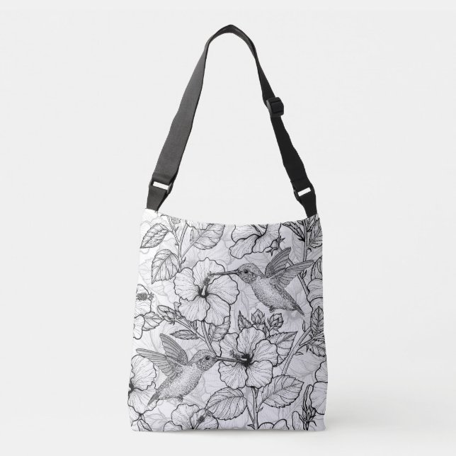 Hummingbirds and hibiscus flowers b&w crossbody bag (Front)