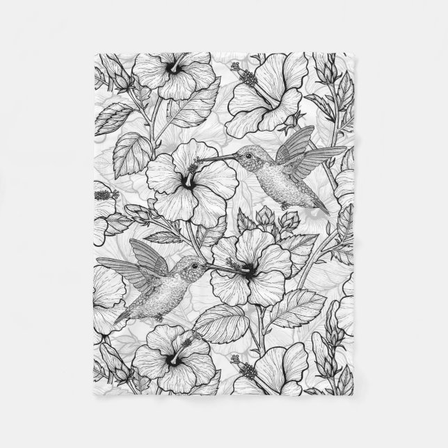 Hummingbirds and hibiscus flowers b&w fleece blanket (Front)