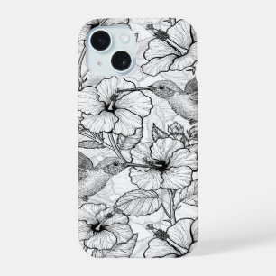 Hummingbirds and hibiscus flowers b&w iPhone 15 case