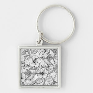 Hummingbirds and hibiscus flowers b&w key ring