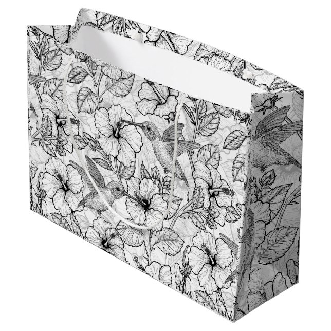 Hummingbirds and hibiscus flowers b&w large gift bag (Back Angled)