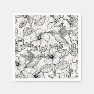 Hummingbirds and hibiscus flowers b&w napkin