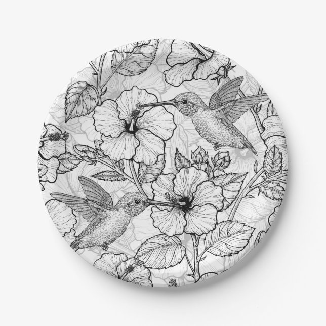 Hummingbirds and hibiscus flowers b&w paper plate (Front)