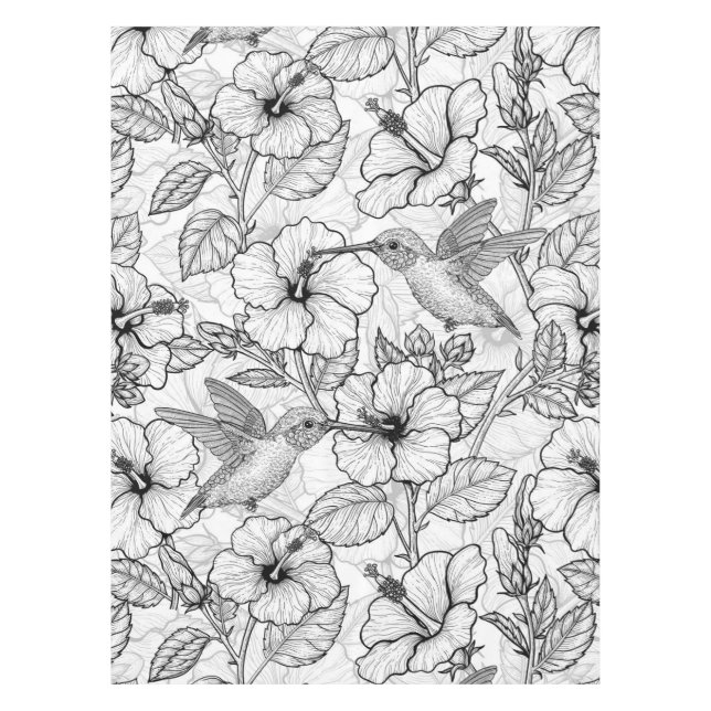 Hummingbirds and hibiscus flowers b&w tablecloth (Front)