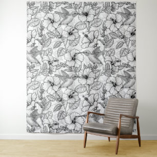 Hummingbirds and hibiscus flowers b&w tapestry