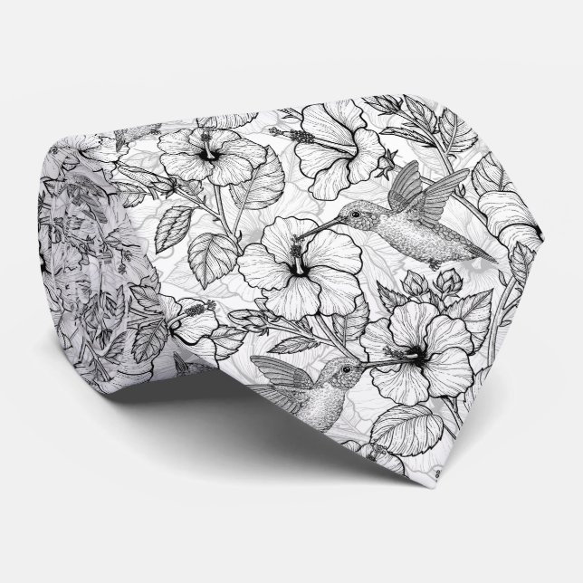 Hummingbirds and hibiscus flowers b&w tie (Rolled)