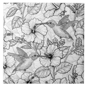 Hummingbirds and hibiscus flowers b&w tile