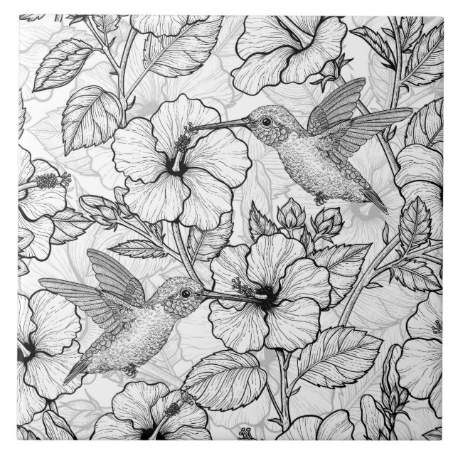 Hummingbirds and hibiscus flowers b&w tile (Front)