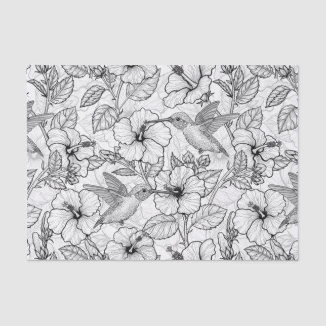 Hummingbirds and hibiscus flowers b&w tissue paper (Front)